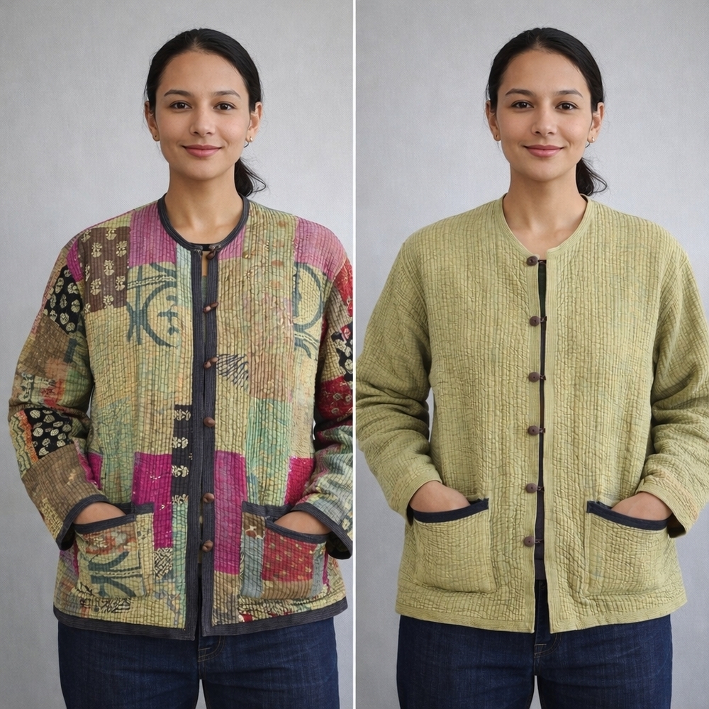 Boho Reversible Kantha Quilt Jacket Patchwork Artisan Button Front Green Coat